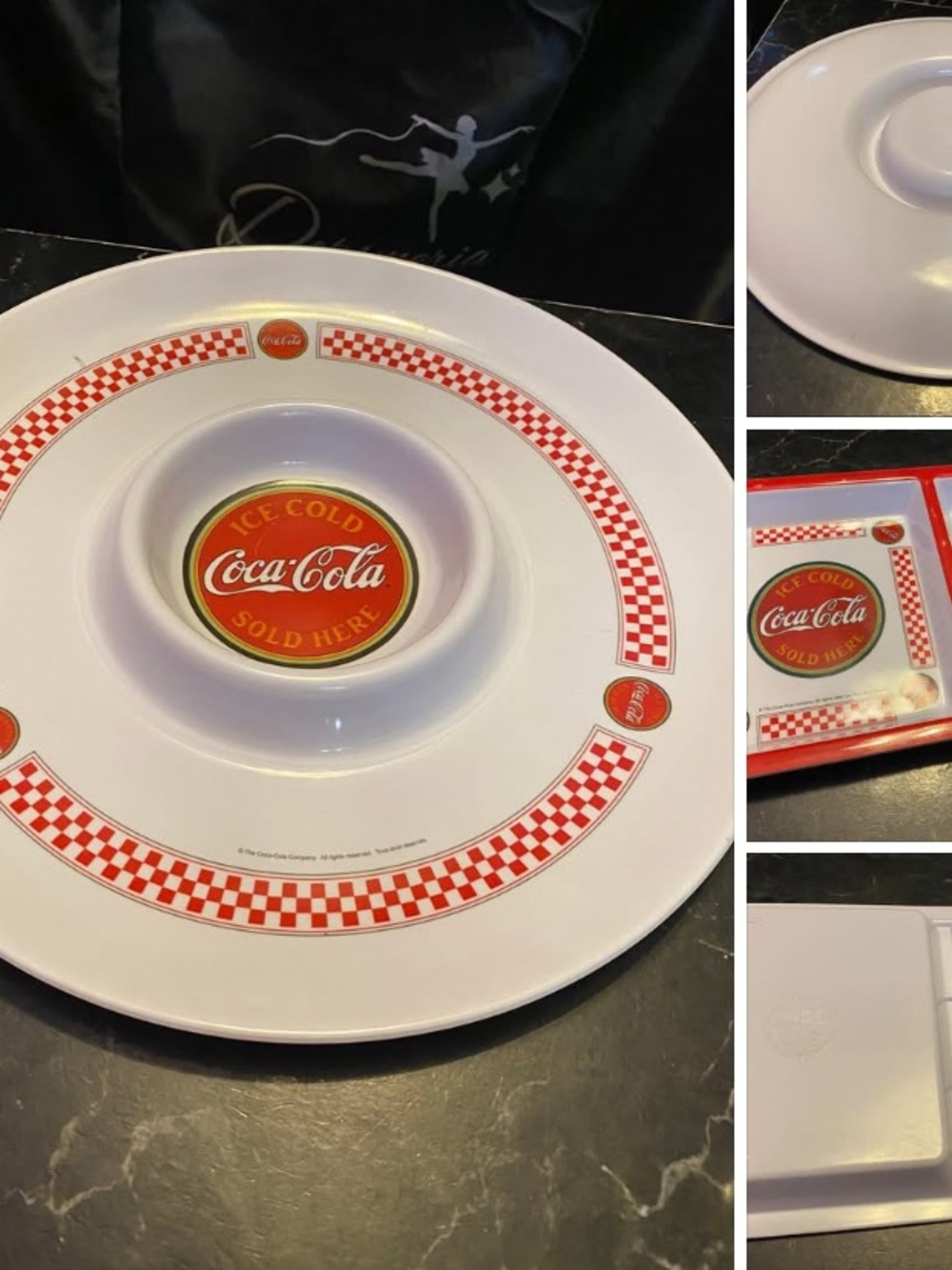 Set! Coca Cola White Serving Platter with Red Checkerboard logo/Chip & Dip Tray